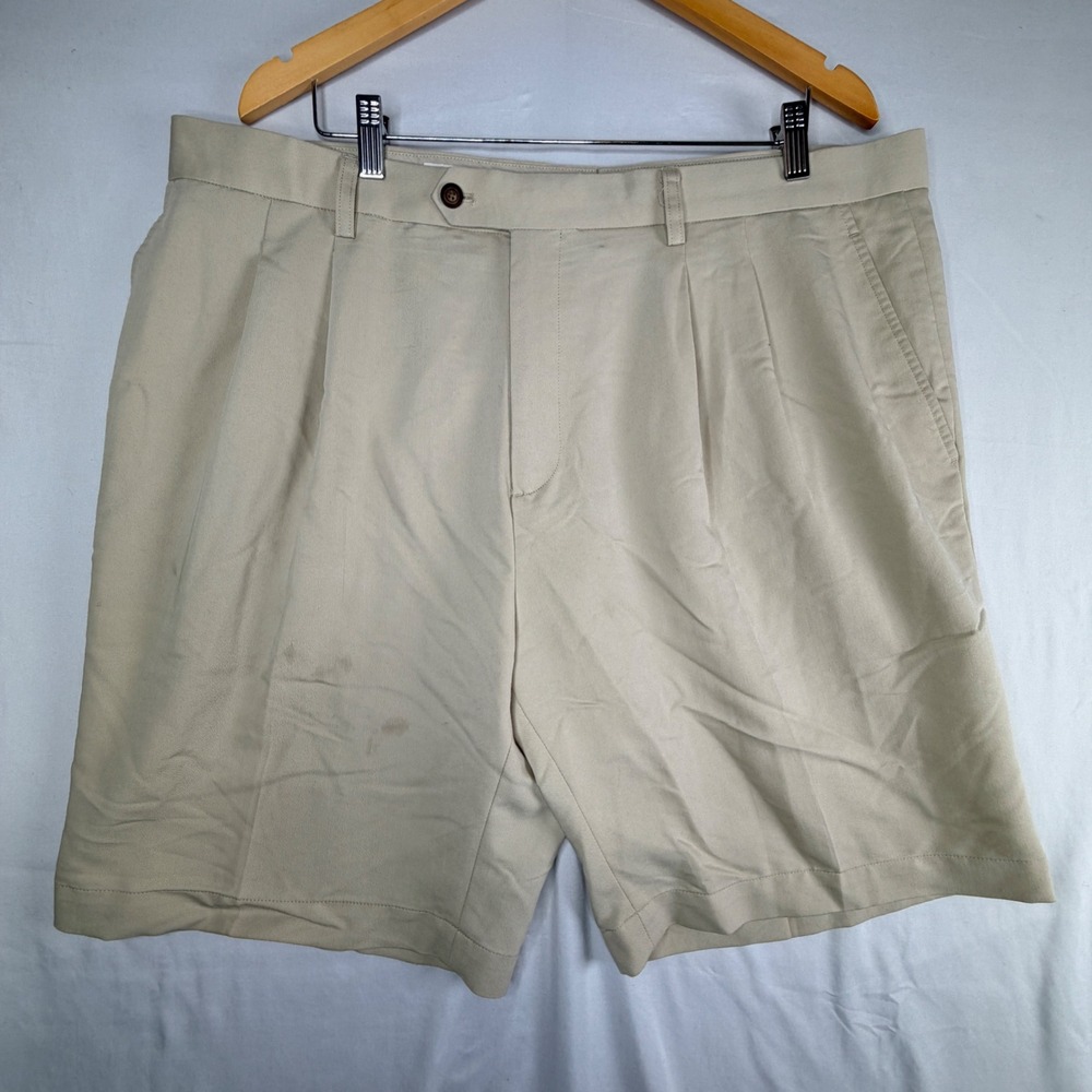 Cutter & Buck Pleated Golf Shorts Size 40 Tan Khaki Twill Polyester Rayon Blend